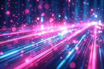 Fototapeta premium Dynamic abstract background with glowing pink and blue neon lines and bokeh lights, perfect for conveying a sense of fast data movement