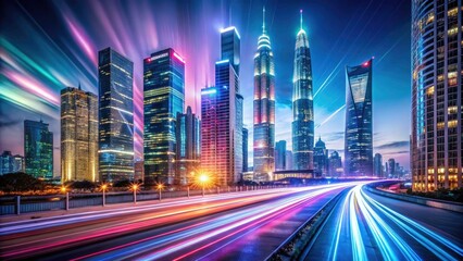 Obraz premium Futuristic Night Cityscape with Neon Lights and Skyscrapers: Speed and Motion Effects in a Smart Urban Environment