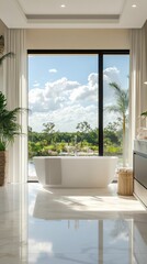 Fototapeta premium Luxurious Bathroom With Freestanding Tub and Outdoor Views in Private Home. Generative AI
