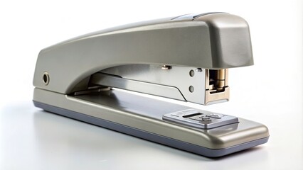 Gray Office Stapler Isolated on Clean White Background - Macro Photography of Office Supplies for Business and Productivity, Perfect for Stock Image Needs and Creative Projects