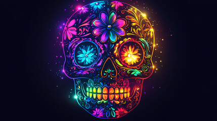 Vibrant day of the dead skull design with colorful floral patterns and glowing accents. Glowing. Illustration