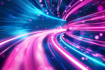 Dynamic abstract background with glowing pink and blue neon lines and bokeh lights, perfect for conveying a sense of fast data movement