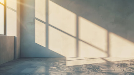 Obraz premium Sunlight streams through a window, casting long shadows across a bare room with a concrete floor.