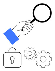 Magnifying glass held by hand, adjacent to lock icon and two interconnected gears. Ideal for cybersecurity, IT support, system analysis, problem-solving, data protection, quality control, research