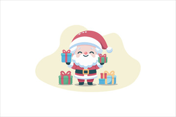 Cute cartoon Santa Claus with gifts on isolated white background. Vector illustration.