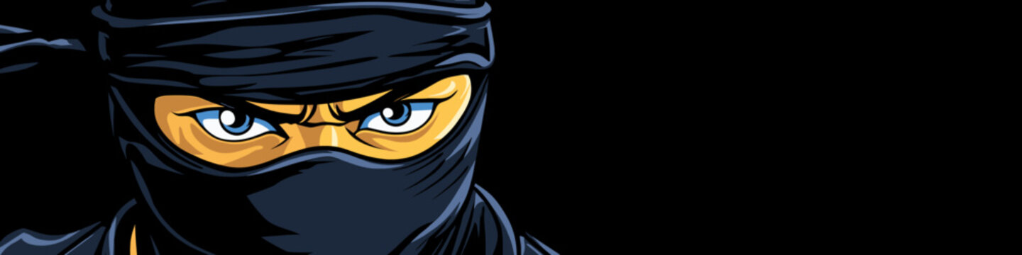 Intense Ninja Warrior Face Close-Up Focused Eyes Masked Stealth Cartoon Art Illustration Mysterious Figure Black Headband Animation Style Graphic Icon