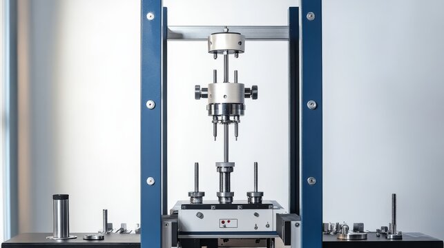 Testing Machine: A close-up view of a powerful universal testing machine, showcasing its precision and strength in a sterile, industrial setting.