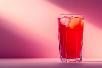A vibrant glass of refreshing cranberry juice sits elegantly on a smooth gradient background, showcasing ice cubes and light interplay for a captivating aesthetic.