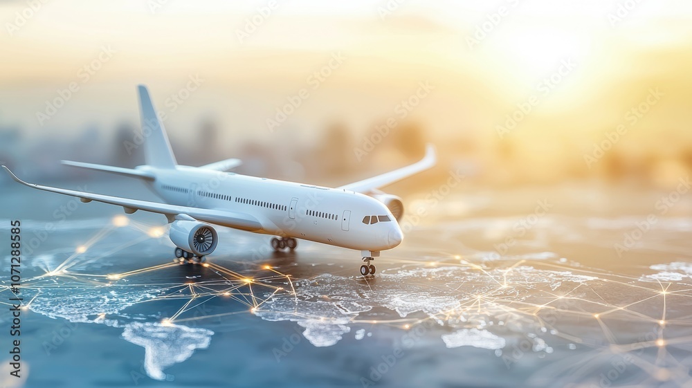 Poster airplane over global map with logistic path highlighted