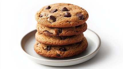Stack of four golden brown chocolate chip cookies on a white plate