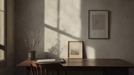 Cozy Minimalistic Desk With Plants and Framed Art in Scandinavian Style. Generative AI