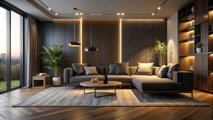 Minimalist Living Room Night Photography with Sleek Furniture, Modern Decor, and Soft Lighting for Cozy Ambiance