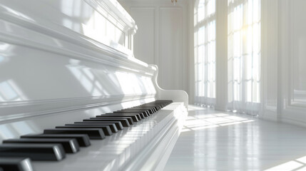 Fototapeta premium A pristine white grand piano sits in a bright, sunlit room, ready for a beautiful melody to be played.