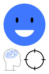 Smiling blue face emoticon, human head with tangled lines representing confusion, circular target reticle. Ideal for mental health, emotions, focus, psychology, mindfulness stress therapy. Line