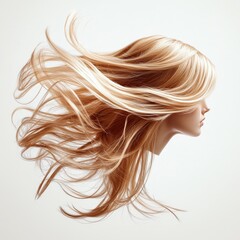 Floating hair wigs, isolated on white background, creating a whimsical effect.