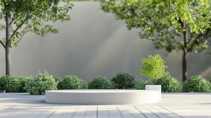 Product Podium in an Outdoor Setting, Displaying Items with Natural Light and Scenic Background for Promotional Purposes