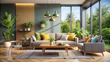 Fototapeta premium Modern Living Room Interior Design with Minimalist Decor Emphasizing Natural Elements, Bright Spaces, Open Layout, and Comfortable Furnishings for a Tranquil Atmosphere
