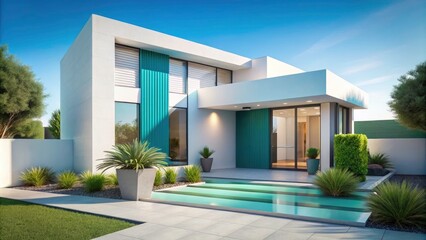 Modern Minimalist House Exterior with Geometric Design, White Facade, and Teal Background Featuring Windows, Door, and Decorative Plants in Planters