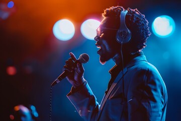 Fototapeta premium Dynamic performance by a motivational speaker using a headset on stage