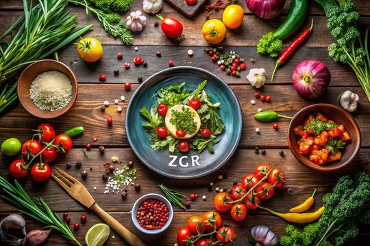 Vibrant Zgr Kz Dish on Rustic Wooden Table Surrounded by Fresh Ingredients and Herbs for a Culinary Experience, Perfect for Food Lovers and Culinary Enthusiasts
