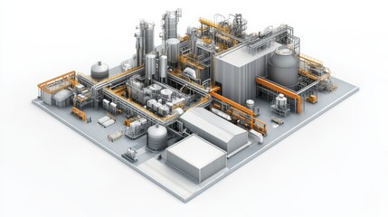 Industrial Complex: A detailed 3D rendering of a modern industrial plant, showcasing intricate machinery, pipelines, and structures. Ideal for illustrating industrial processes, manufacturing.