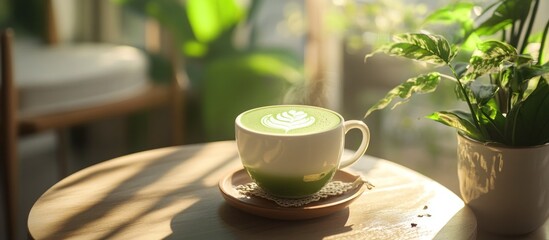 Stylish matcha drink with latte art, serene caf&eacute; atmosphere