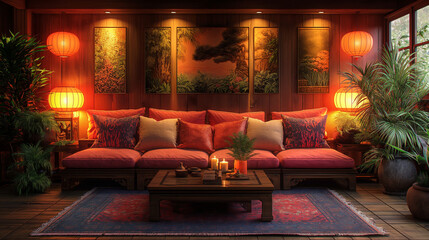 Obraz premium Interior of living room with sofas, coffee table and glowing lamps. Design concept