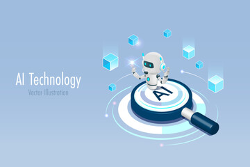 Artificial intelligence robot on AI magnifying glass with block chain. Powerful search engine innovation technology to defines smart solution in futuristic background. 3D vector.