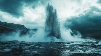 geyser erupting, shooting water and steam high into the air, representing the raw power of water beneath the earth, geothermal energy, water force. Ultra realistic.