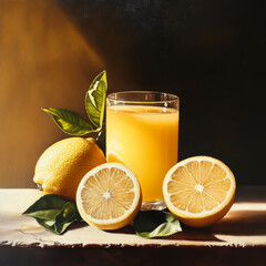 A vibrant still life featuring fresh lemon juice in a glass, surrounded by whole lemons and slices, showcasing the bright yellow hues and refreshing essence of citrus.