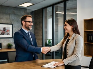 in an office during the day two people are shaking hands after they started working together in business