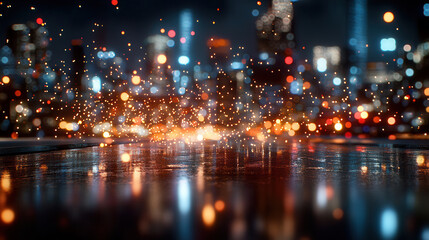 Fototapeta premium vibrant cityscape at night with sparkling lights and reflections on wet surfaces creates dynamic atmosphere. colorful bokeh effect enhances urban scene energy and depth