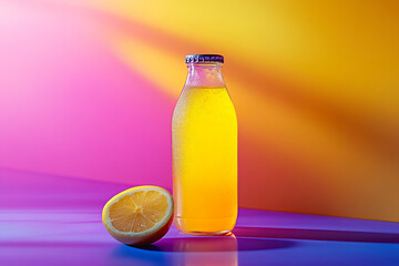 A refreshing bottle of lemon juice sits beside a sliced lemon on a colorful gradient background, evoking a bright and summery feel, perfect for beverages or nature themes.