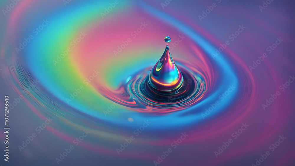 Wall mural a holographic liquid drop bouncing on a smooth surface creating a beautiful wave of color, ai genera