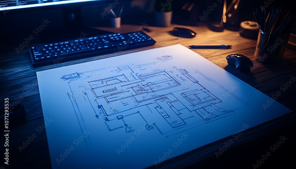Aufkleber A technical drawing of a circuit board lays on a wooden desk, illuminated by ambient light, with a keyboard and mouse nearby.