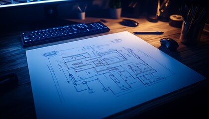 A technical drawing of a circuit board lays on a wooden desk, illuminated by ambient light, with a keyboard and mouse nearby.