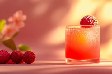 A refreshing lychee juice served in a clear glass on a soft gradient background. This aesthetic image captures the drink's vibrant colors and textures, perfect for summer vibes.