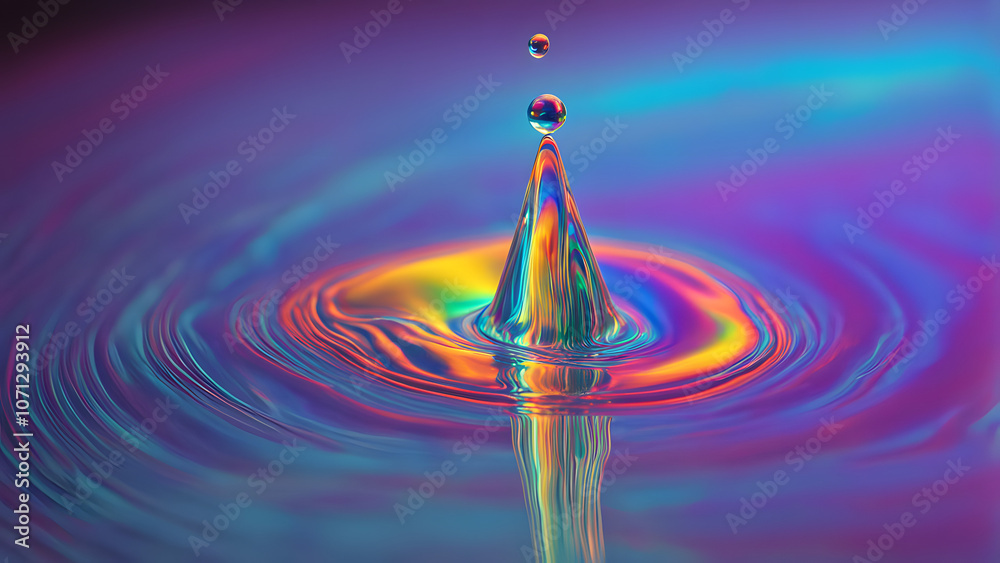 Wall mural a holographic liquid drop bouncing on a smooth surface creating a beautiful wave of color, ai genera
