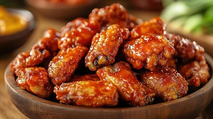 Barbecue chicken wings in a bowl with dipping sauce on table.