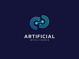 Artificial intelligence with twisted infinity network lines double circle symbol technology Analysis logo vector design concept. AI technology logotype symbol for advance technology, tech company, ui.