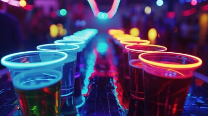 A game of neonlit beer pong with the traditional drink rep by glowing nonalcoholic options.