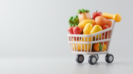 colorful shopping cart filled with various fruits and vegetables, showcasing vibrant assortment of healthy produce. This whimsical 3D illustration captures joy of shopping for fresh food