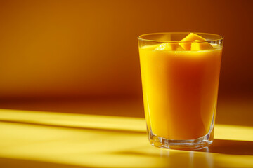 Enjoy a refreshing glass of mango juice adorned with ice, beautifully set against a bright gradient background, creating a vibrant and inviting visual appeal.