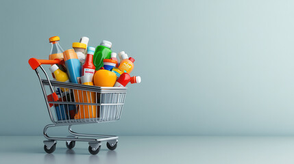 shopping cart filled with colorful cleaning products and beverages, showcasing vibrant assortment of household items. scene conveys sense of everyday shopping and organization