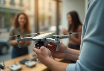 A group of people testing a drone in a tech store, focusing on its features and controls. The scene highlights excitement and interest in modern technology.