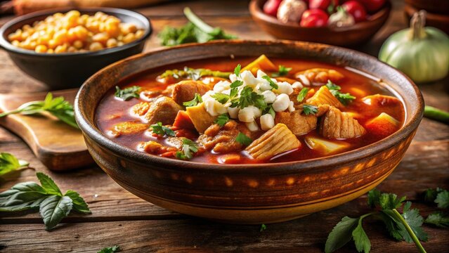 Steaming Bowl of Traditional Mexican Menudo Soup at Night - Comfort Food, Broth, Tripe, Hominy, Authentic Mexican Cuisine, Night Photography, Delicious Soup, Cozy Atmosphere, Food Photography