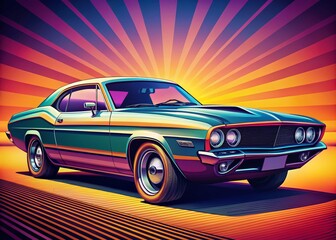 Obraz premium Vintage Muscle Car Vector Illustration in Bold Lines and Vibrant Colors Capturing the Essence of Retro Automotive Style for Fashion Photography and Design Projects