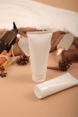 Frosted Glass Dropper Bottles and White Cosmetic Tubes with Neutral Rustic Decor