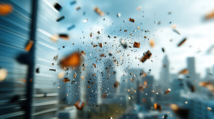 Dynamic particle cloud of tiny crystal shards dispersing in cityscape, creating sense of motion and energy. background features blurred skyscrapers, enhancing feeling of speed