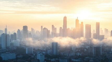 Fototapeta premium Sunrise Over a Foggy City Skyline